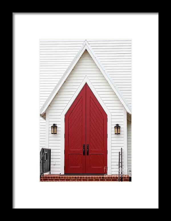 Red Framed Print featuring the photograph Red Chapel Door by Ella Kaye Dickey