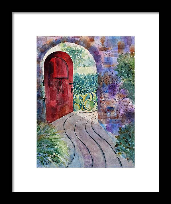 Red Framed Print featuring the painting Red Door by Mary Benke