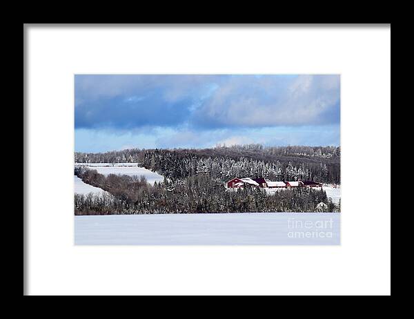 Red Buildings Framed Print featuring the photograph Red Buildings In White Landscape by William Tasker
