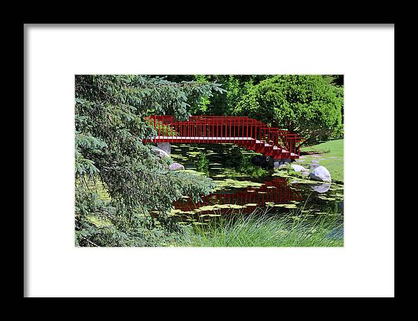 Forest Framed Print featuring the photograph Red Footbridge Dow Gardens by Mary Bedy