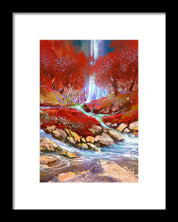 Abstract Framed Print featuring the painting Red forest by Tithi Luadthong