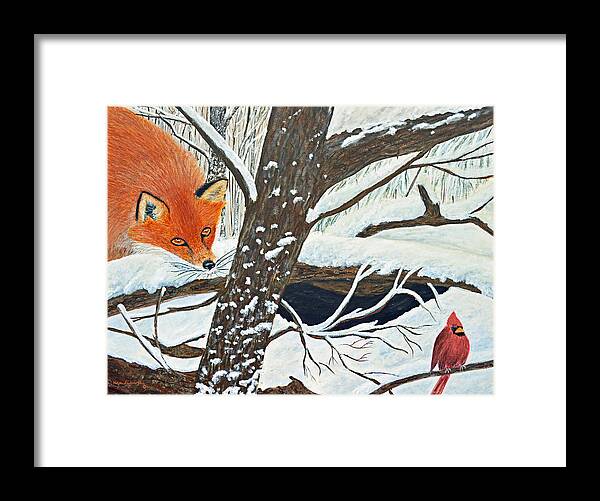Cardinal Framed Print featuring the painting Red fox and Cardinal by Ken Figurski