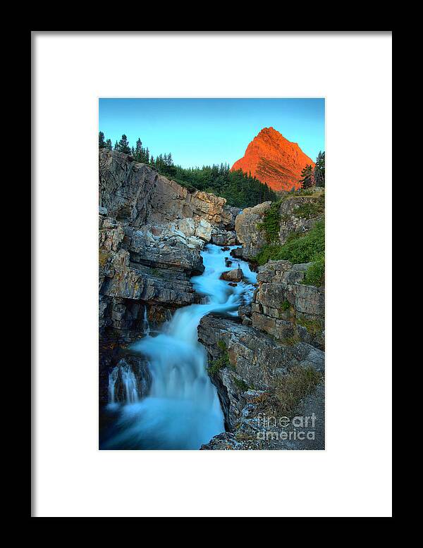 Swiftcurrent Falls Framed Print featuring the photograph Red Glow Over Swiftcurrent by Adam Jewell
