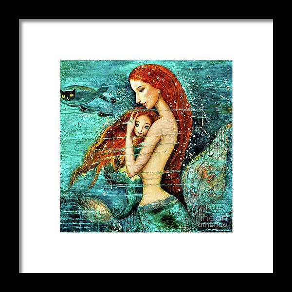Mermaid Art Framed Print featuring the painting Red Hair Mermaid Mother and Child by Shijun Munns