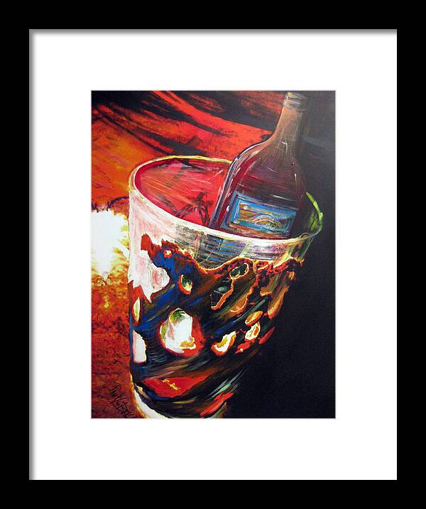 Red Wine Bottle Chilling In A Vase Still Life Wine-shop Wine-tasting Framed Print featuring the painting Red by Jan VonBokel