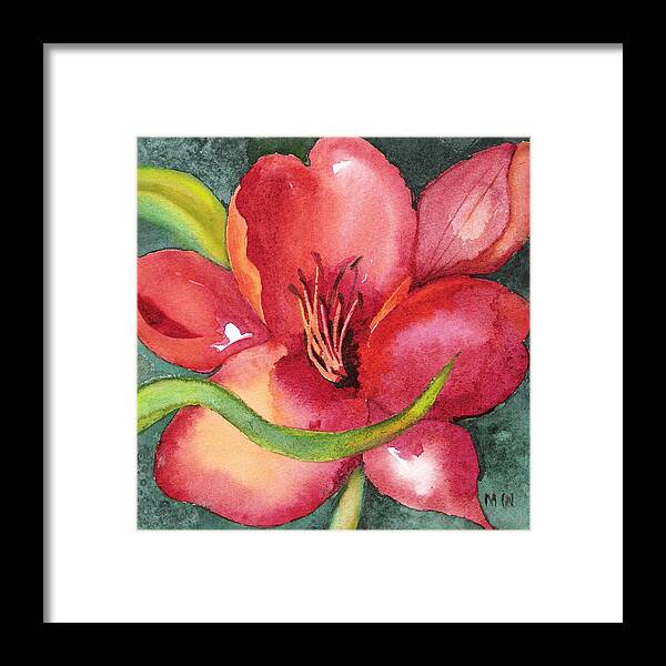 Flower Lily Red Green Garden Floral Watercolor Painting Framed Print featuring the painting Red Lily by Marsha Woods