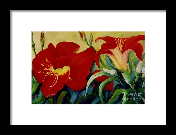Flowers Red Lilies In Garden Framed Print featuring the painting Red Lily by Marta Styk