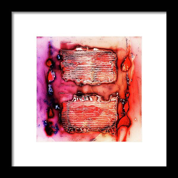 Collage Framed Print featuring the photograph Red lips behind metal stripes by Gabi Hampe
