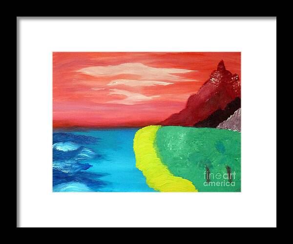 Red Framed Print featuring the painting Red mountain by the sea by Francesca Mackenney