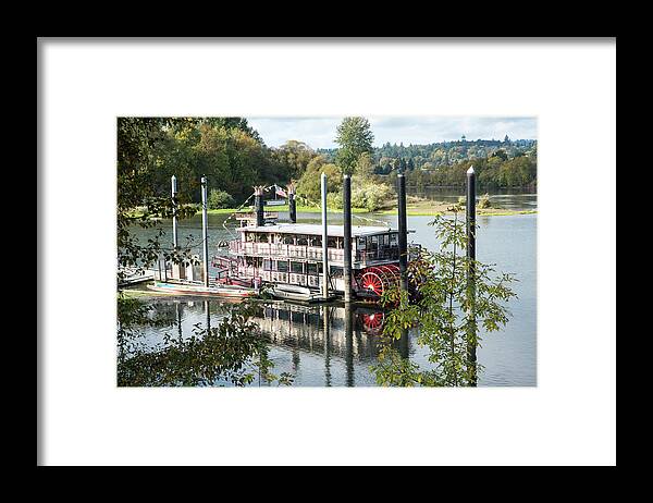 Paddle Wheeler; Boats; Leisure; Summer; Peaceful; Willamette River; Salem; Oregon; Willamette Queen; Riverfront City Park; Carousel; Paddle Wheel Framed Print featuring the photograph Red Paddle Wheel by Tom Cochran