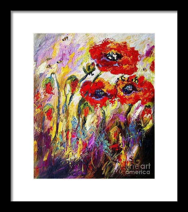 Poppies Framed Print featuring the painting Red Poppies and Bees Provence Dreams by Ginette Callaway