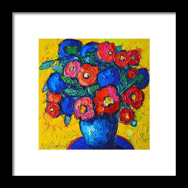Poppies Framed Print featuring the painting Red Poppies And Blue Flowers - Abstract Floral by Ana Maria Edulescu