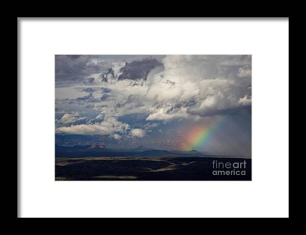 Rainbow Framed Print featuring the photograph Red Rocks Rain and Rainbow by Ron Chilston