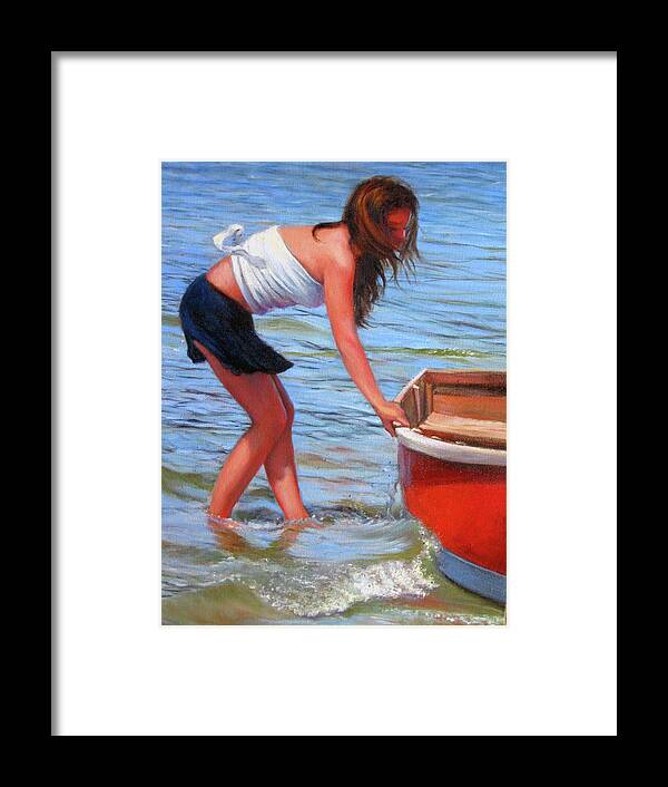 Girl At Shore Framed Print featuring the painting Red Rowboat by Marie Witte