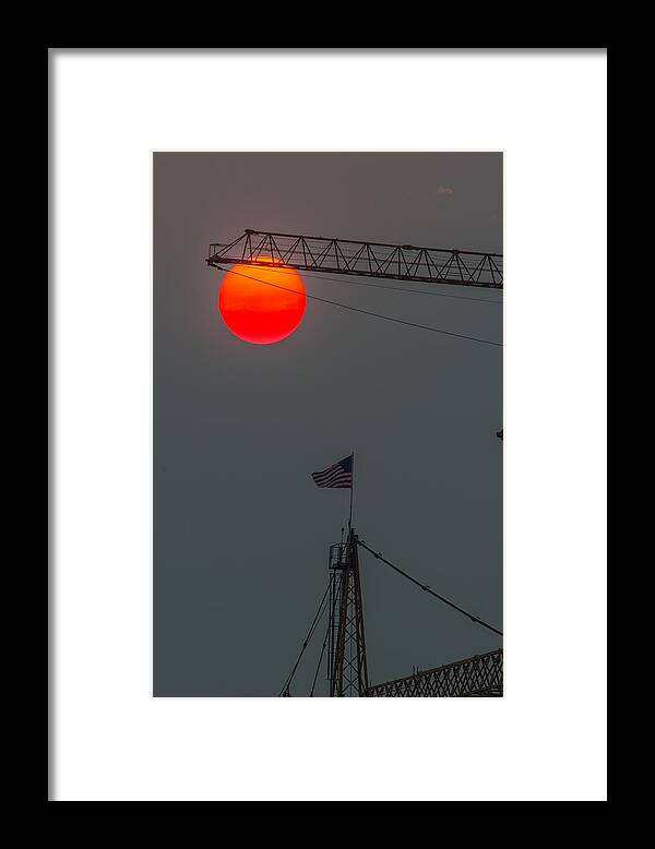 Red Sun Framed Print featuring the photograph Red Sun with Crane by Hisao Mogi