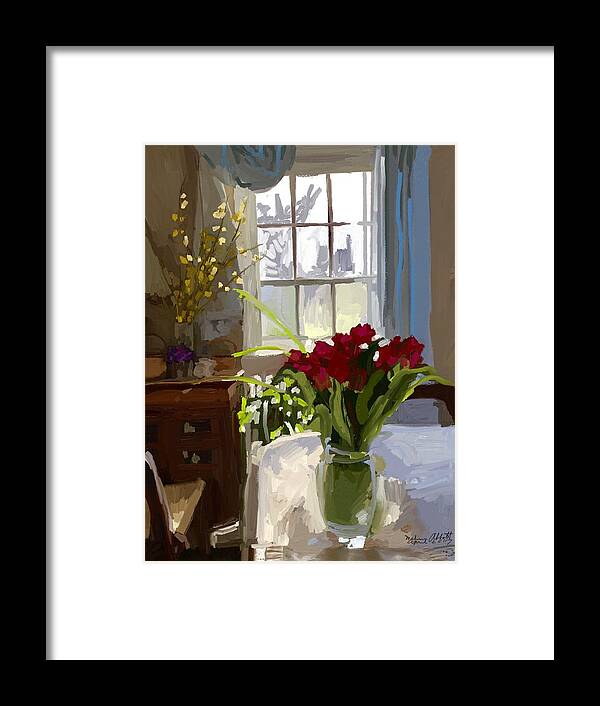 Red Tulips Framed Print featuring the painting Red Tulips and Forsythia in East Gloucester, MA Dining Room by Melissa Abbott