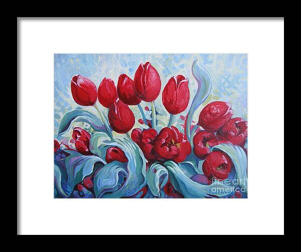 Tulips Framed Print featuring the painting Red tulips by Elena Oleniuc