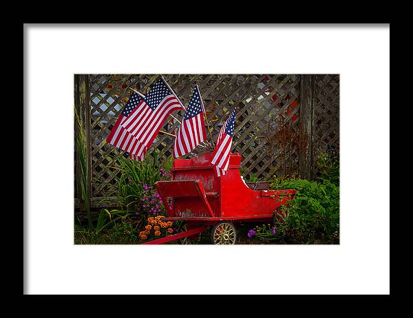 Red Framed Print featuring the photograph Red Wagon With Flags by Garry Gay