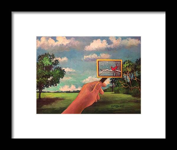 Redbird Framed Print featuring the painting Redbird Wishes For Snow by Rand Burns