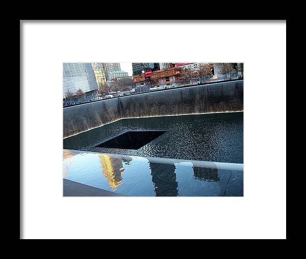 Reflecting Pool Framed Print featuring the photograph Reflecting Pool at 9/11 Memorial Site in NYC by Linda Stern