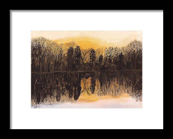 Landscape Framed Print featuring the painting Reflections at Sunset on Bitely Lake by Conni Schaftenaar