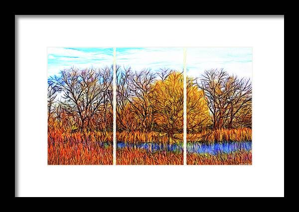 Joelbrucewallach Framed Print featuring the digital art Reflections Of Autumnal Echoes - Triptych by Joel Bruce Wallach