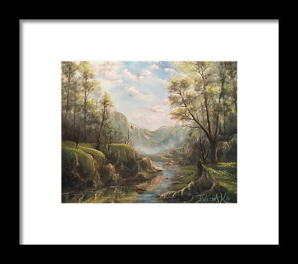 Landscape Lake Mountains Rocky Ridge Trees Oak Pine Nature Wild Secluded Country Framed Print featuring the painting Reflections of calm by Justin Wozniak