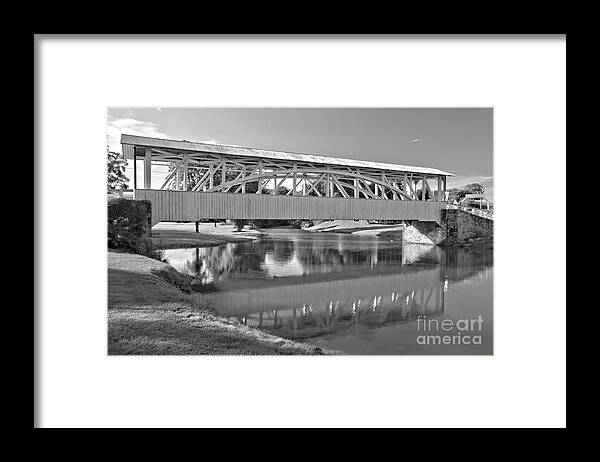 Halls Mill Covered Bridge Framed Print featuring the photograph Reflections Of The Halls Mill Covered Bridge Black And White by Adam Jewell
