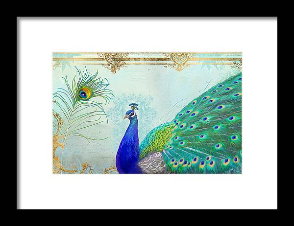 Peacock Framed Print featuring the painting Regal Peacock 2 w Feather n Gold Leaf French Style by Audrey Jeanne Roberts