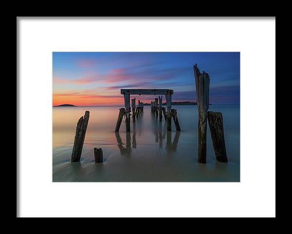 Sunrise; Massachusetts; New England; Pier; Historic; Long Exposure; Ocean; Beverly; Beverly Farms; West Beach; Misery Island; East Coast; Usa; Red; Orange; Peaceful; Calm; Soothing; Tranquil; Morning; Alone; Old; Relic; Blizzard Of '78; Remains; Relic Framed Print featuring the photograph Relic by Rob Davies
