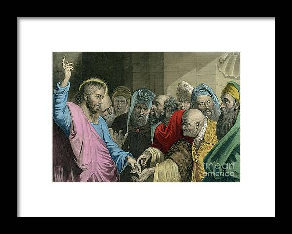Render Unto Caesar Framed Print featuring the drawing Render unto Caesar Jesus holding the Roman coin by English School