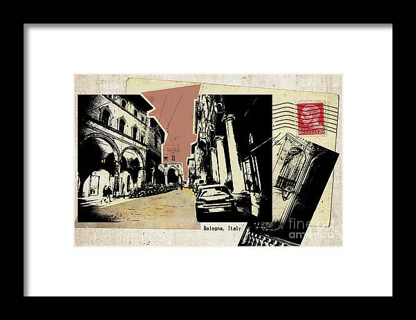 Italy Framed Print featuring the digital art retro postcard of Bologna by Ariadna De Raadt