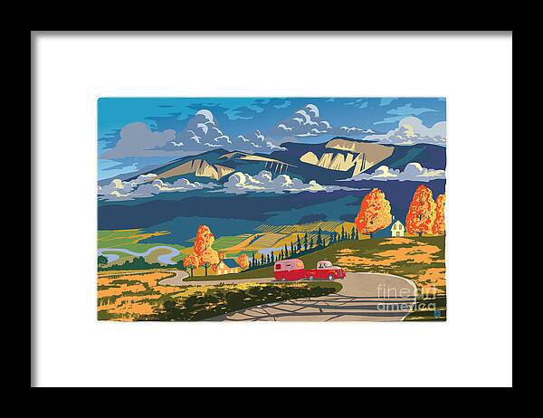 Retro Travel Framed Print featuring the painting Retro Travel Autumn Landscape by Sassan Filsoof