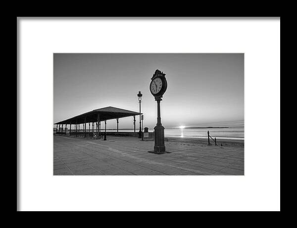 Revere Framed Print featuring the photograph Revere Beach Clock at sunrise Revere MA black and white by Toby McGuire