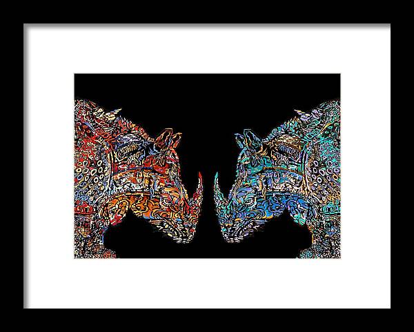 Rhino Love Organica Framed Print featuring the mixed media Rhino Love Organica by Carol Cavalaris