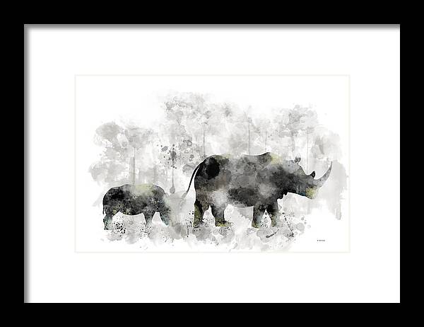 Rhinoceros And Baby Framed Print featuring the digital art Rhinoceros and baby by Marlene Watson