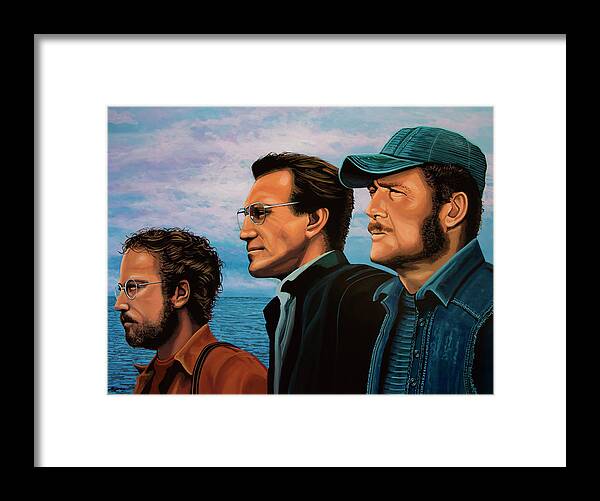 Jaws Framed Print featuring the painting Jaws with Richard Dreyfuss, Roy Scheider and Robert Shaw by Paul Meijering