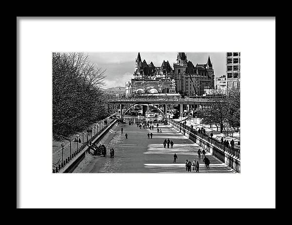 Rideau Canal Framed Print featuring the photograph Rideau Canal is open for skating BW by Tatiana Travelways