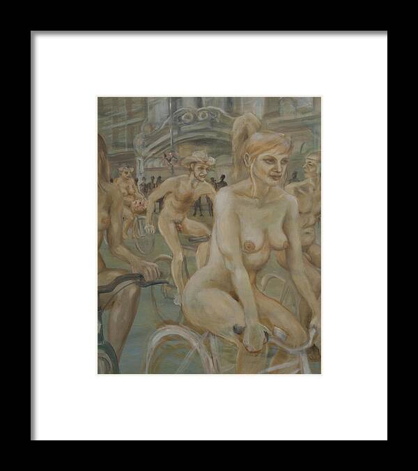 Nude In Motion Framed Print featuring the painting Riding passed Burlington Arcade in June by Peregrine Roskilly