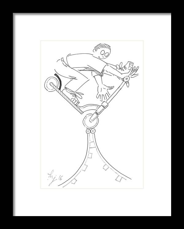 Microscooter Framed Print featuring the drawing Riding the Spine Ramp - Microscooter Cartoon by Mike Jory