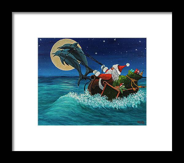 Santa Framed Print featuring the painting Riding The Waves With Santa by Darice Machel McGuire