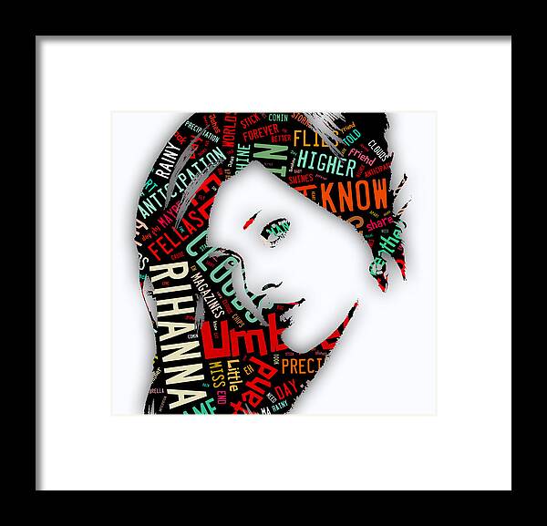 Rihanna Framed Print featuring the mixed media Rihanna Umbrella Lyrics by Marvin Blaine