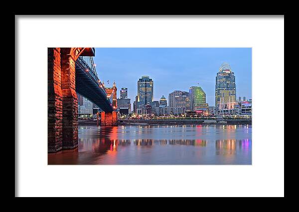 Cincinnati Framed Print featuring the photograph Riverfront View of Cincinnati by Frozen in Time Fine Art Photography