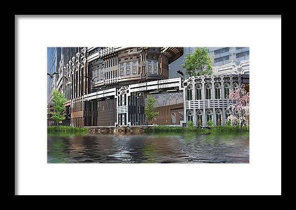 Water Framed Print featuring the digital art Riverside Apartments by Hal Tenny