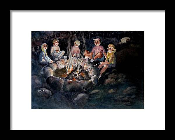 Family Framed Print featuring the painting Roasting Marshmallows by Marilyn Jacobson