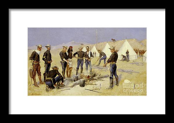 Roasting The Christmas Beef In A Cavalry Camp Framed Print featuring the painting Roasting the Christmas Beef in a Cavalry Camp, 1892 by Frederic Remington