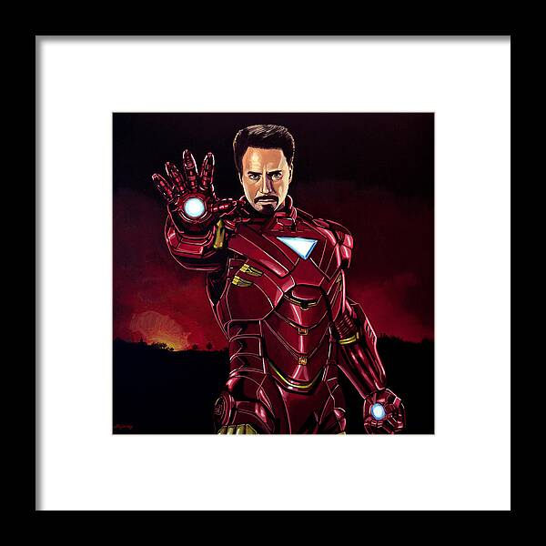 Iron Man Framed Print featuring the painting Robert Downey Jr. as Iron Man by Paul Meijering