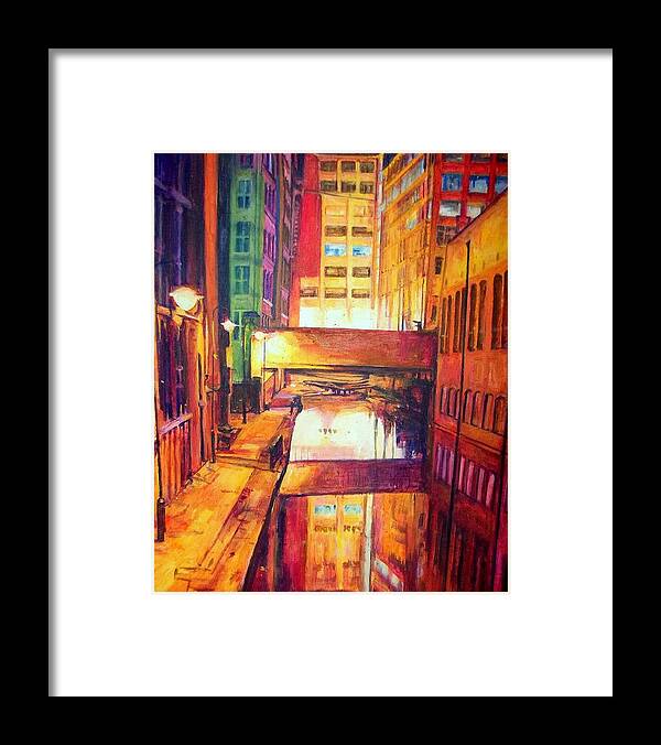 Canal Framed Print featuring the painting Rochdale Canal With Lock At Night by Rosanne Gartner