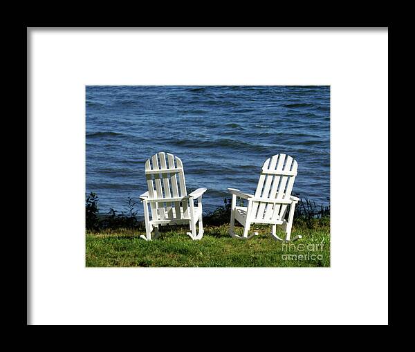 Adirondak Framed Print featuring the photograph Rocking Adirondak Chairs on the Maine Coast by DejaVu Designs