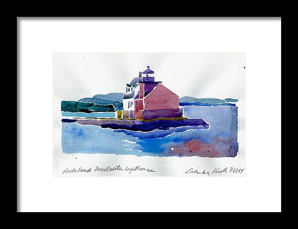 Lighthouse Framed Print featuring the painting Rockland Breakwater lighthouse watercolor 2014 Maine coast by Catinka Knoth